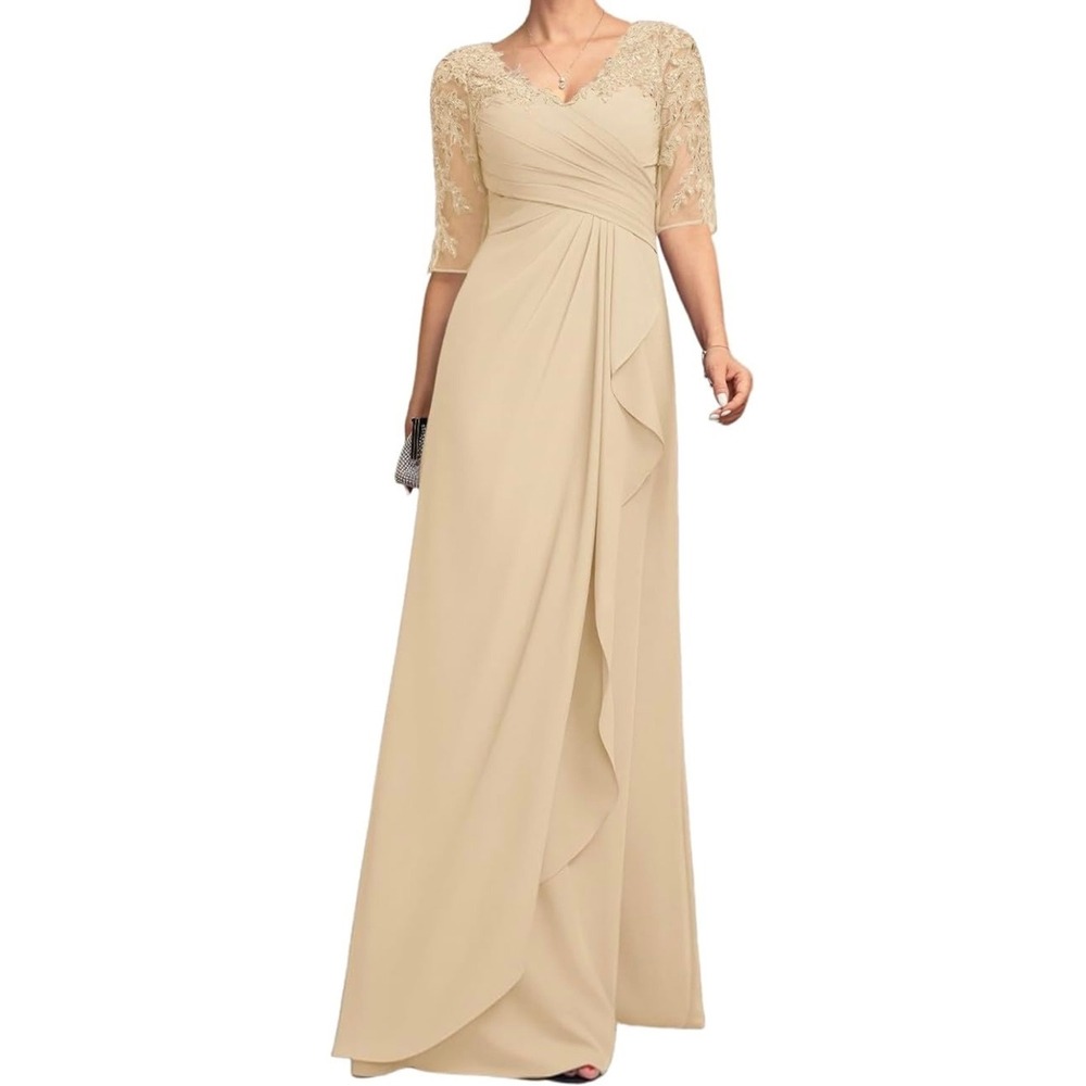 Champagne Chiffon Evening Gown Gold Sequin Floral Embroidery Cowl Back Dress